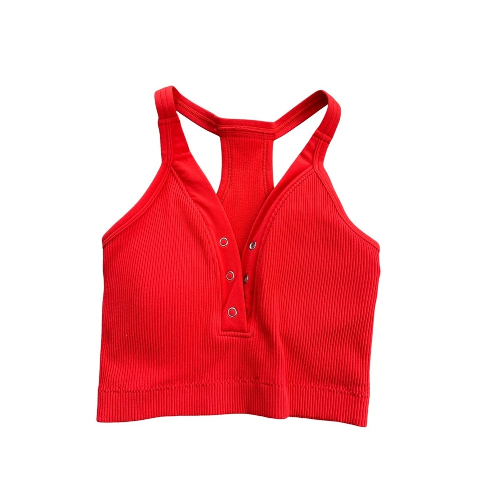 Pro Fit Seamless Ribbed Racerback Cropped Tank Top - Red - Picture 2 of 4